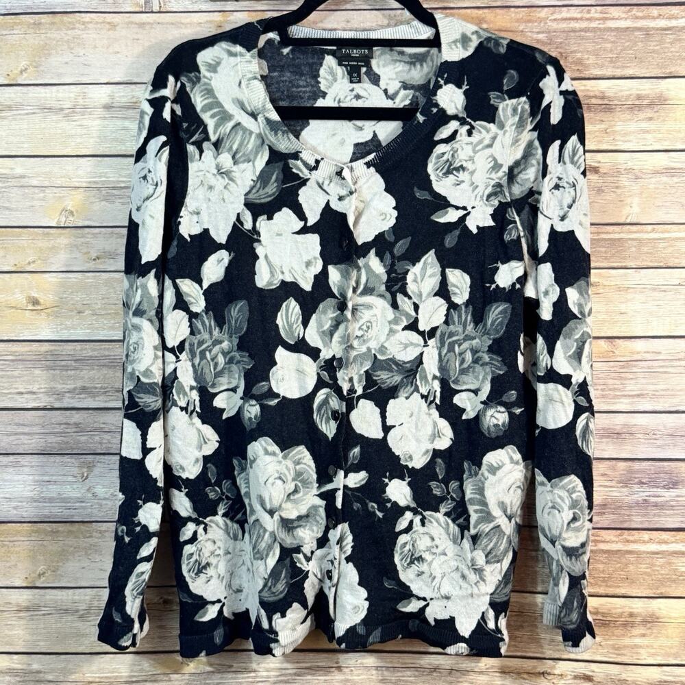 Talbot Womens Black Floral Pure Merino Wool Button Front Career Cardigan 1X